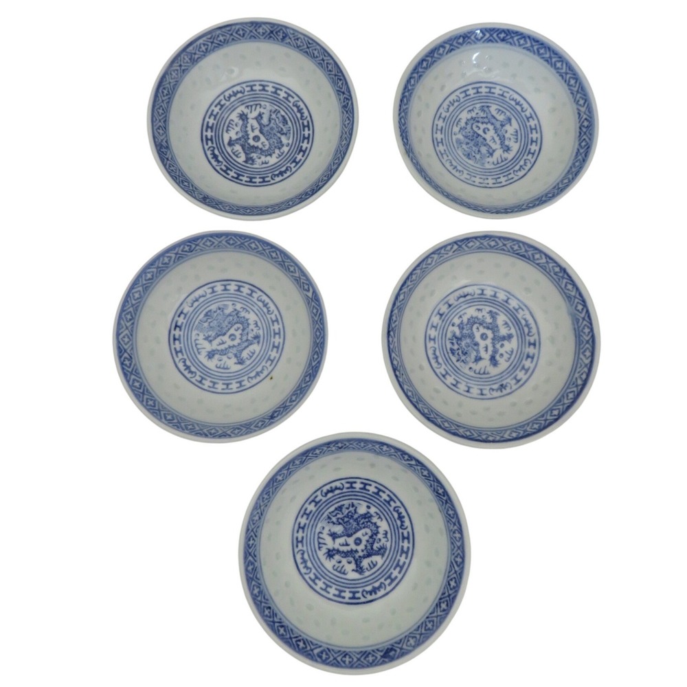 Vintage Set of 5 Chinese Rice Grain Porcelain Bowls Blue White Dragon 4 inch